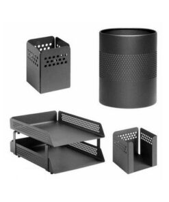 Desk Set - Round Perforated Steel Range - Metal - Letter Tray, Waste Bin, Pencil Cube and Cup - Colour Options - 810BL