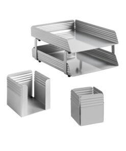 Desk Set - Fluted Steel Range - Metal - Letter Tray - Pencil Cube and Cup - Silver - 514SI