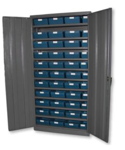 Grey Steel Cabinet - Plastic Shelf Bins - Blue Storage Container Kit - 1800 (H) x 900 (W) x 450 (D) mm