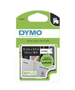 Dymo D1-Tape Polyester (High Performance), 12mm x 5.5m, Black on White